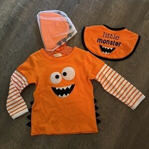 LITTLE Monster Shirt & Hat & Bib Set Halloween Costume Size 6-12 Mo. NWT